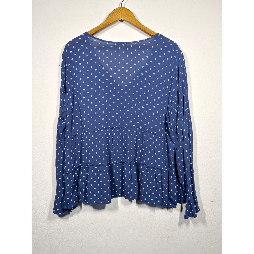 Lucky Brand Navy Blue Polka Dot Tiered Peasant Top Long Sleeve XL Boho Blouse - Picture 3 of 8